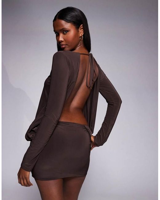 Fashionkilla Purple Exclusive Double Sculpted Slinky Long Sleeve Fold Over Waist Detail Open Tie Back Mini Dress