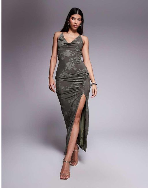 ASOS Gray Cowl Halter Neck Burnout Maxi Dress With Gold-tone Hardware