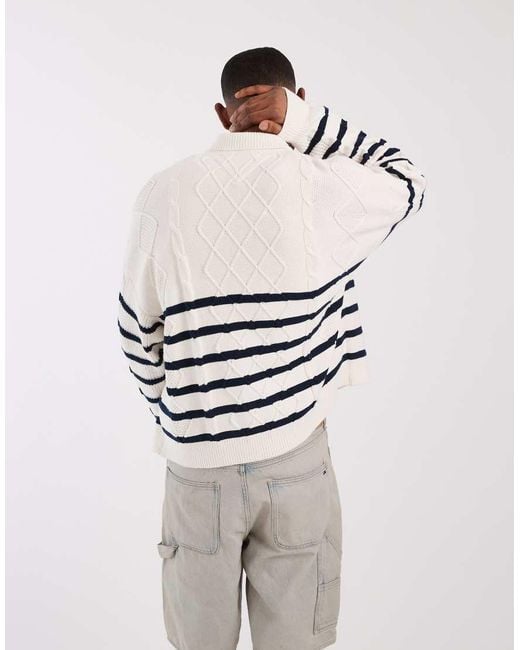 Tommy Hilfiger White Cable Knit Relaxed Fit Cardigan for men