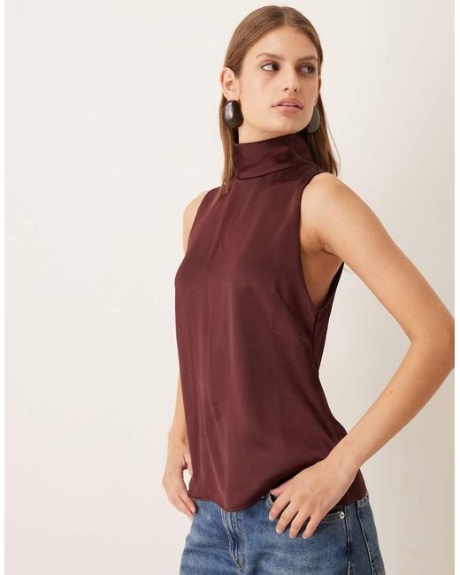 Mango Hoogsluitende Satijnen Blouse in het Brown