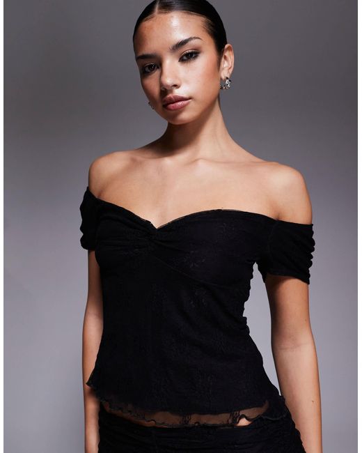 Fashionkilla Black Exclusive Floral Lace Mesh Overlay Sweetheart Neckline Off Shoulder Floaty Hem Top Co-ord