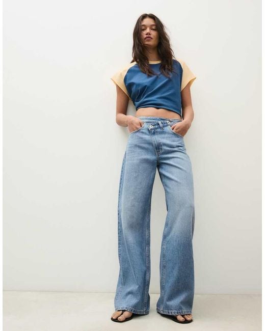 Bershka Blue Petite Wide-Leg Cross-Waist Jeans