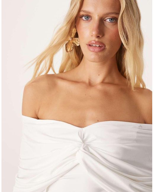 SNDY'S Natural Bandeau Drape Shoulder Detail Drop Waist Maxi Dress