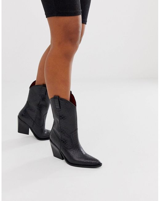 Bronx Black Leather Python Embossed Mid Calf Western Boots