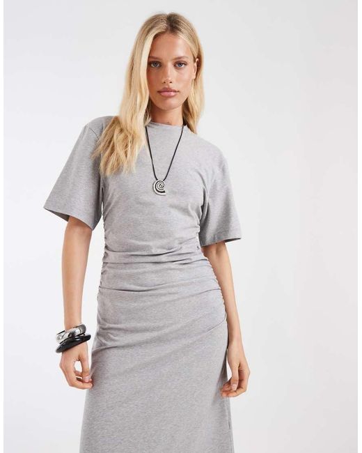 & Other Stories White Ruched Asymetric Hem Jersey Midi Dress