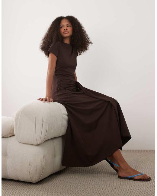 ASOS Brown Short Sleeve Midaxi Dress With Tie Waist