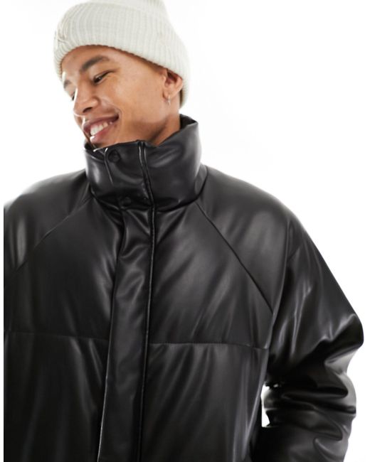 Pull&Bear Black Faux Leather Puffer Jacket for men