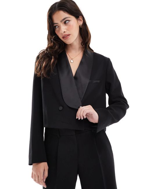 French Connection Black Cropped Tuxedo Blazer With Satin Details