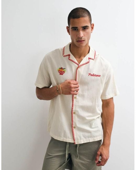 ASOS Natural Relaxed Revere Shirt With Linen And Chest And Border Embroidery for men