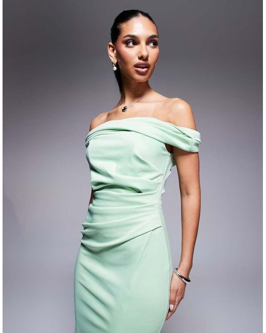 ASOS Midi Bodycon Jurk Met Gedraaide Bardothals in het Blue