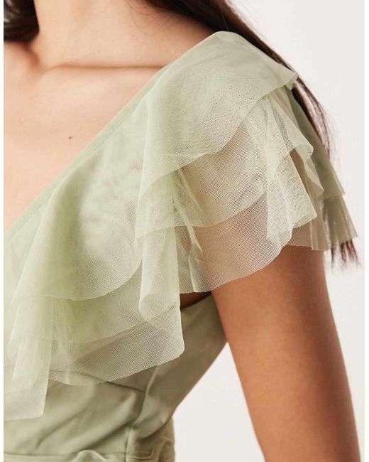 LACE & BEADS Natural Tulle Flutter Sleeve Tiered Frill Maxi Dress