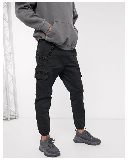 Pull&Bear Black Cuffed Cargo Pants With Chain for men