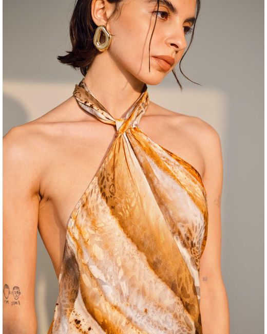 TOPSHOP Natural Tie Neck Halter Mini Dress Satin