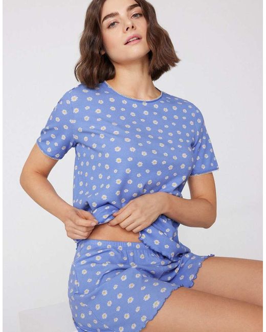 Tezenis Blue Short Ribbed Pyjamas With Daisies