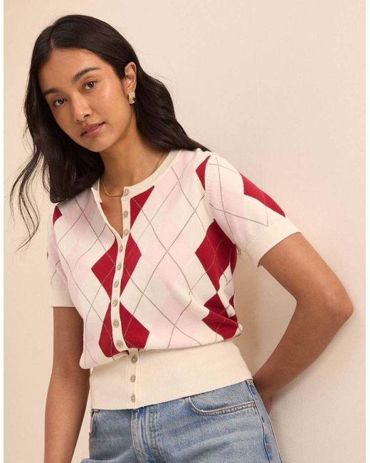 Nobody's Child Multicolor Argyle Check Short Sleeve Cardigan