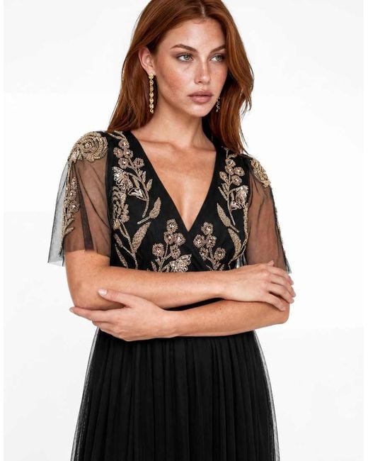 Maya Black Floral Embellished Faux Wrap Tulle Maxi Dress