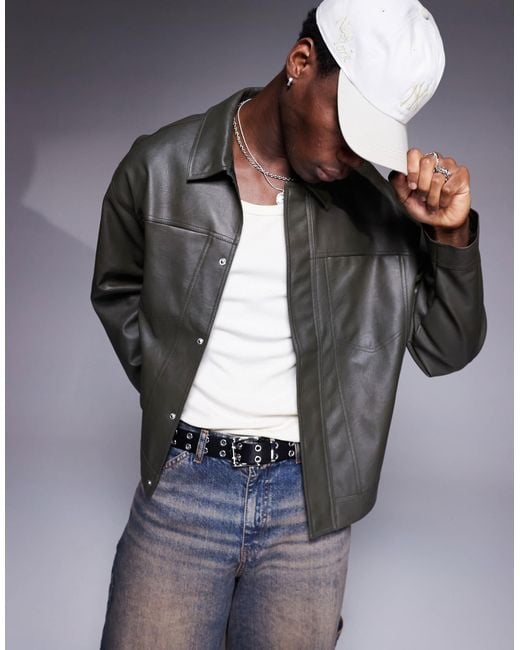 ASOS Gray Faux Leather Harrington Jacket for men