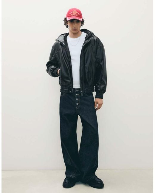 Bershka Blue Hooded Leather Effect Jacket for men