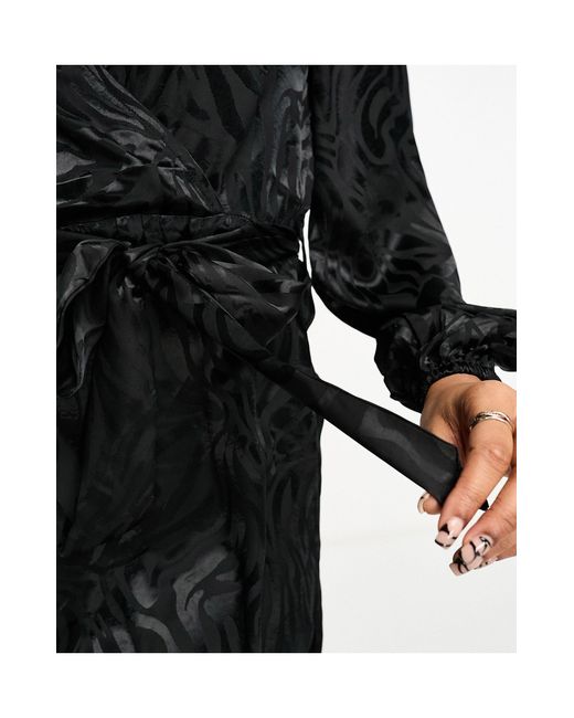 Jdy Black Puff Sleeve Wrap Jacquard Midi Dress
