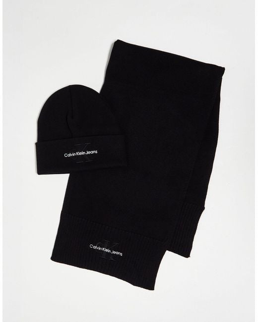Calvin Klein Black Monogram Beanie And Scarf Set