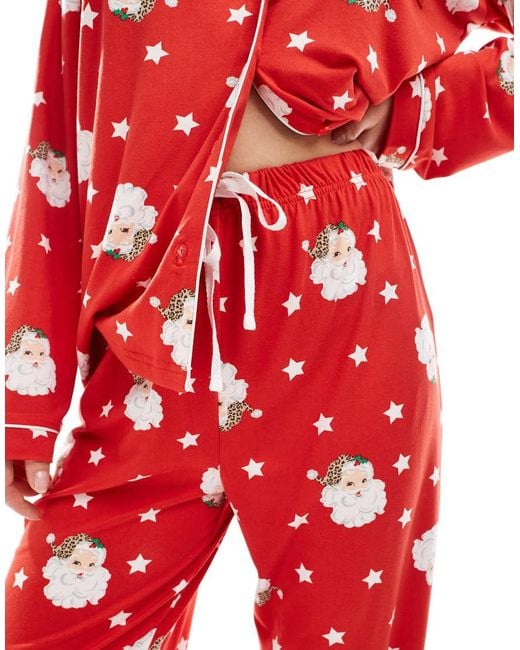 Loungeable Red Christmas Super Soft Jersey Revere Top And Wide Leg Pyjama Set