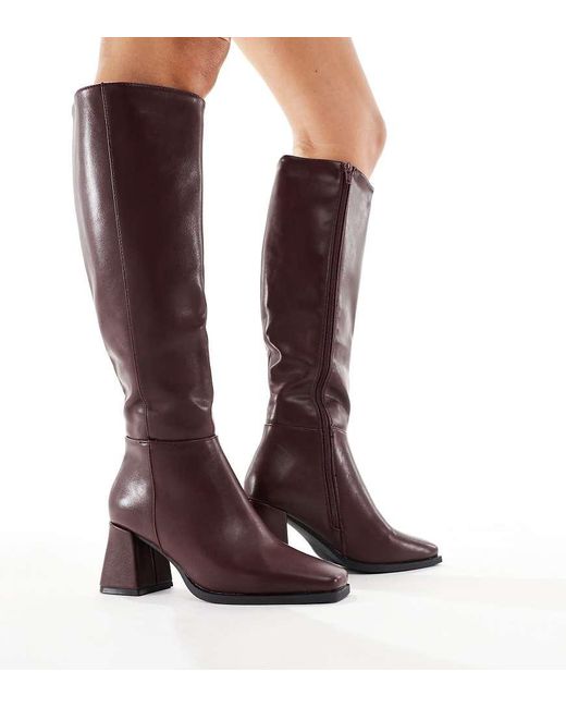 SEQWL Wide Fit Brown Fisher Block Heel Knee Boots