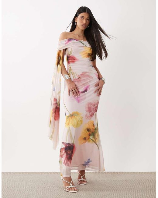 ASOS Pink Printed Floral Mesh Maxi Dress With Folded Off Shoulder And Sash Detail