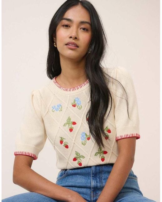 Nobody's Child Natural Strawberry Embroidered Knitted T-Shirt