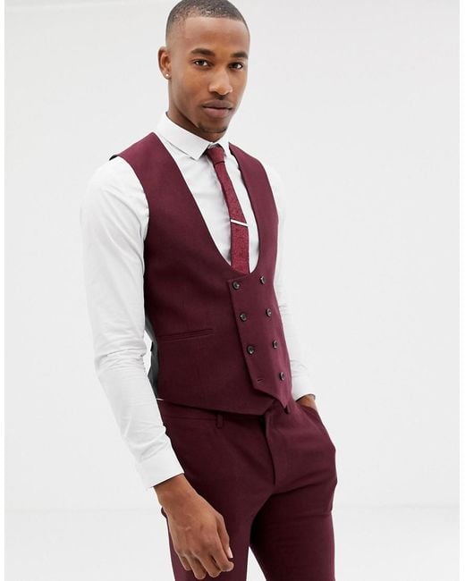 Chaleco de traje muy ajustado color burdeos con microtextura ASOS de hombre de color Red