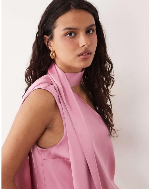 Y.A.S Pink Satin One Shoulder Top With Scarf Detail