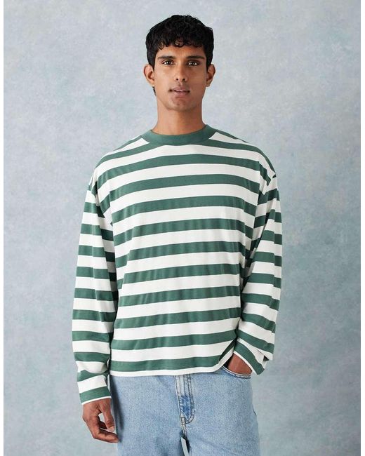 T-Shirt A Maniche Lunghe Squadrata Oversize Pesante Verde A Righe di ASOS in Green da Uomo