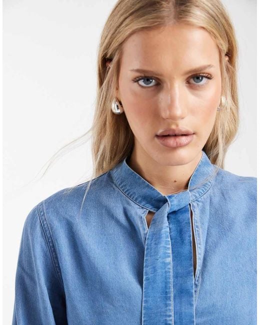 Mango Blue Teen Tie Neck Long Sleeve Denim Blouse