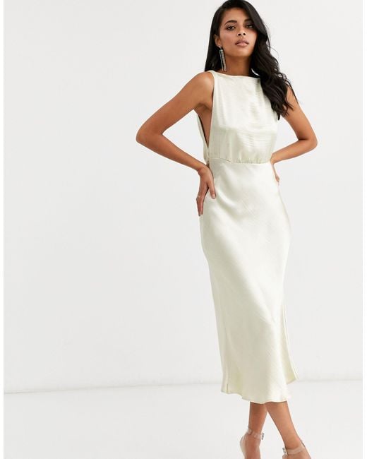 asos design cowl back bias cut midi dress with rhinestone back detail in satin