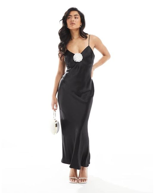 New Look Black Beaded Corsage Applique Clip Detail Midi Dress