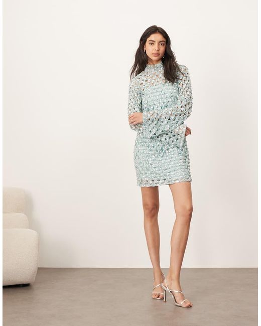 ARRANGE Natural Embellished Geo Cut Work Long Sleeve Mini Dress