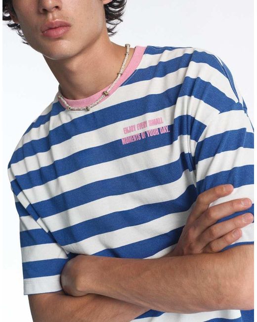 Pull&Bear Blue Stwd Striped T-shirt for men