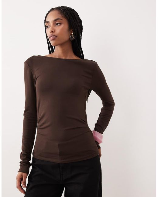 Gina Tricot Natural Long Sleeve Slim Fit Top With Open Drapey Back