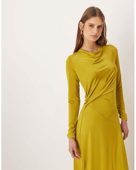 ASOS Yellow Long Sleeve Ruched Knot Detail Maxi Dress