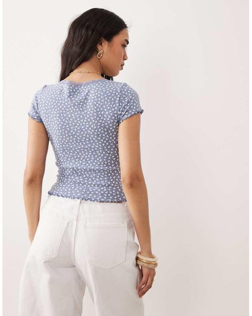 Miss Selfridge Blue Pointelle Square Neck Lace Trim Tee