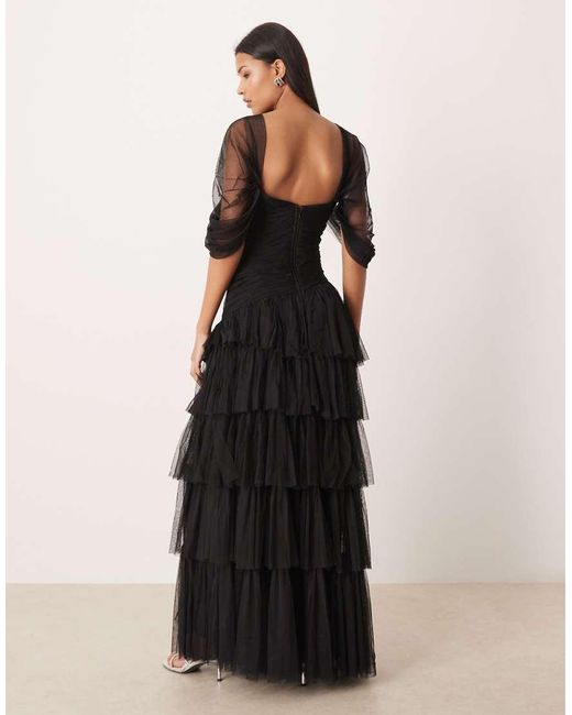 LACE & BEADS Black Asymmetric Ruffle Tulle Maxi Dress