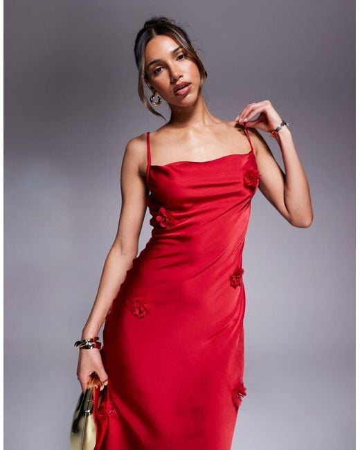 New Look Red Corsage Detail Satin Slip Midi Dress