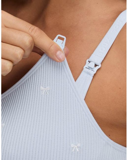 Boux Avenue Blue Nursing Bralette Ribbed Bow Embroidered Maternity Underwear