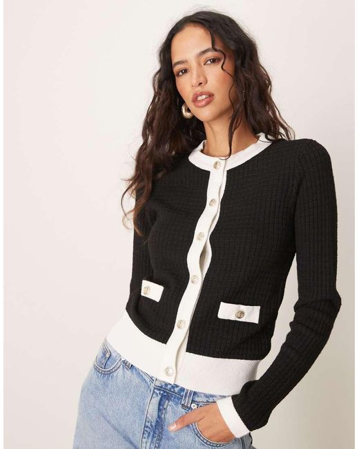 New Look Black Button Down Cardigan With White Tipping