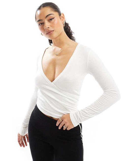 Stradivarius White Wrap Detail Long Sleeve Top