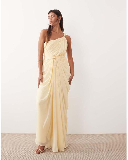 ARRANGE Natural One Shoulder Draped Twist Detail Maxi Dress With Metal Trim Detail