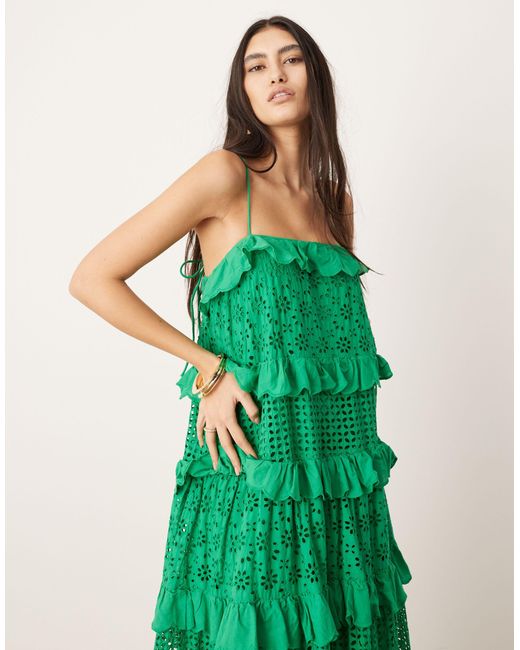 ASOS Green Strappy Broderie Trapeze Tiered Maxi Dress