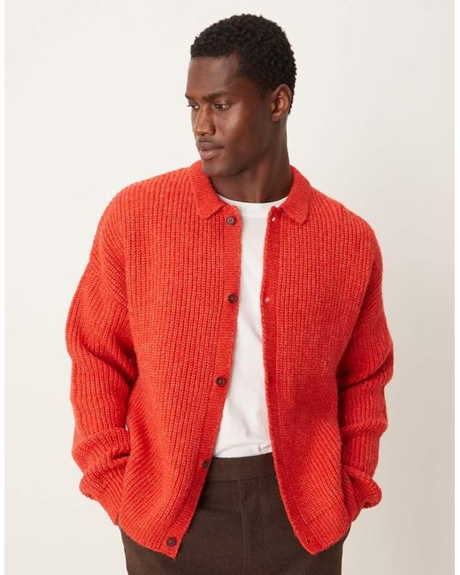 ASOS Red Relaxed Boxy Fit Heavyweight Knitted Wool Mix Button Through Cardigan for men