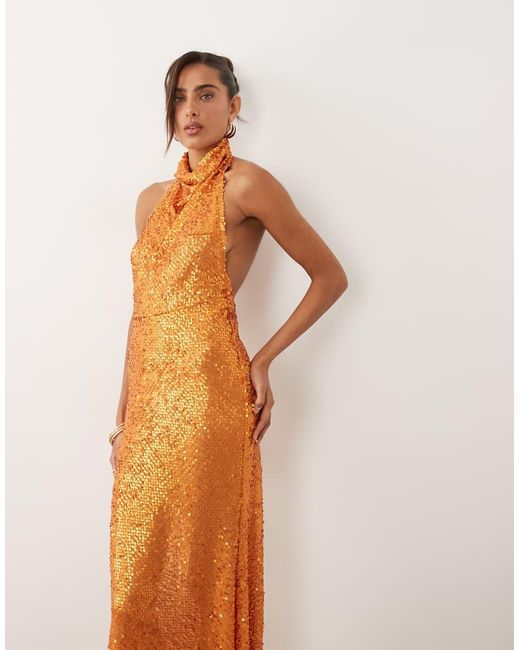 ASOS Brown Embellished Sheer Sequin Halter Maxi Dress