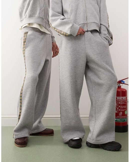 Reclaimed (vintage) Uniseks Joggingbroek Met Wijde Pijpen En Geruite Zijstreep in het Gray