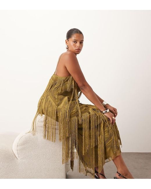 ARRANGE Natural Curve Geo Fringe Cami Column Maxi Dress